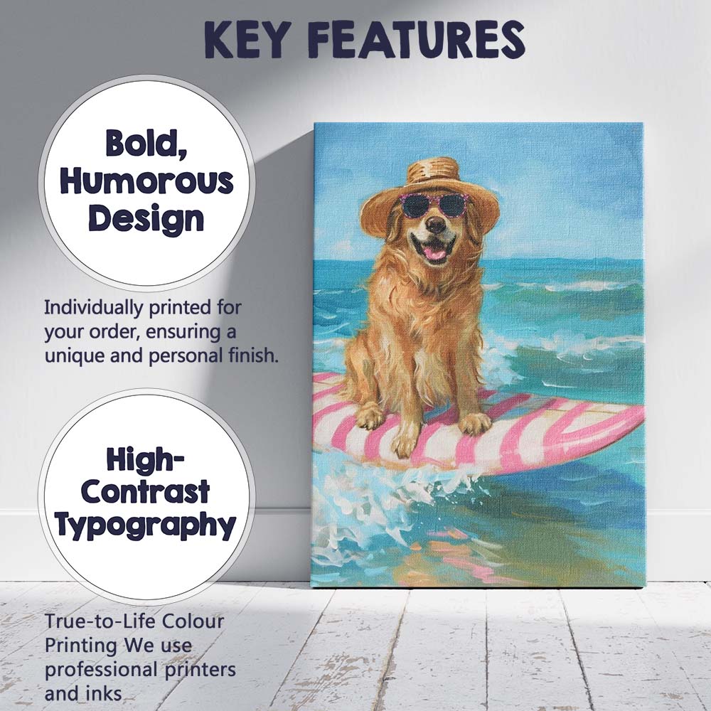 Golden Retriever Surfing On Pink Longboard Coastal Oil Painting Canvas Wall Art Print Decor Picture Ready to Hang