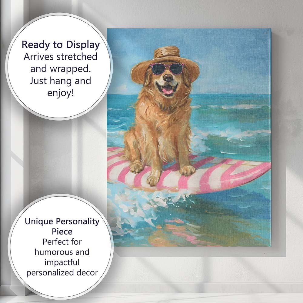 Golden Retriever Surfing On Pink Longboard Coastal Oil Painting Canvas Wall Art Print Decor Picture Ready to Hang