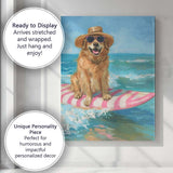Golden Retriever Surfing On Pink Longboard Coastal Oil Painting Canvas Wall Art Print Decor Picture Ready to Hang