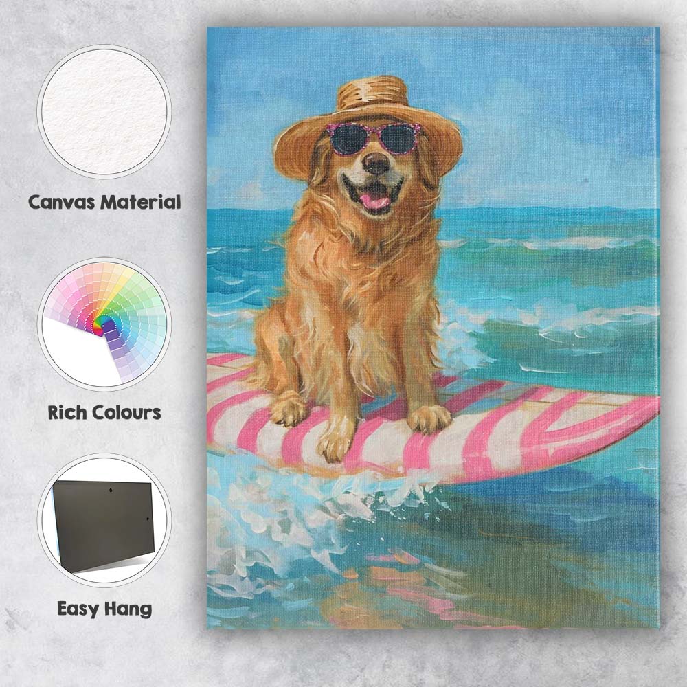 Golden Retriever Surfing On Pink Longboard Coastal Oil Painting Canvas Wall Art Print Decor Picture Ready to Hang
