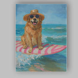 Golden Retriever Surfing On Pink Longboard Coastal Oil Painting Canvas Wall Art Print Decor Picture Ready to Hang