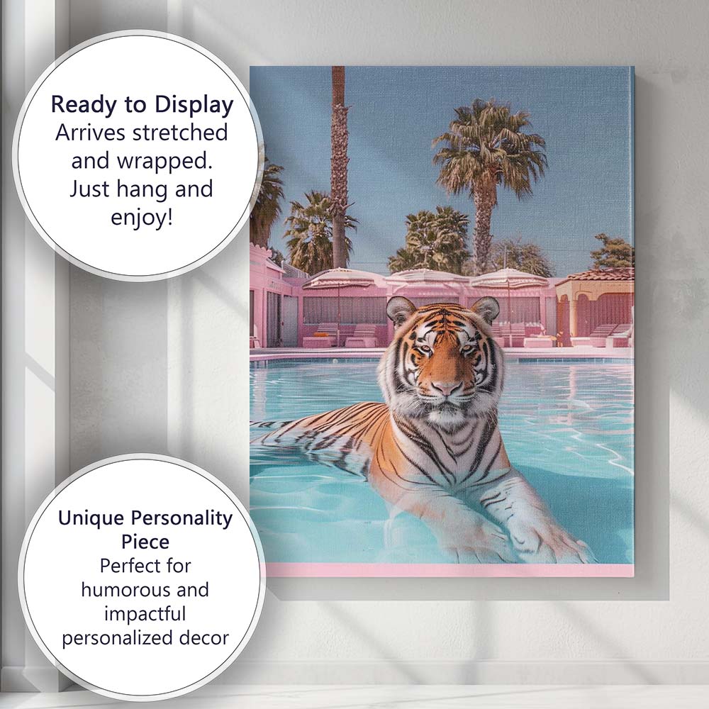 Elegant Tiger Swimming In Pastel Pink Luxury Pool Canvas Wall Art Print Decor Picture Ready to Hang