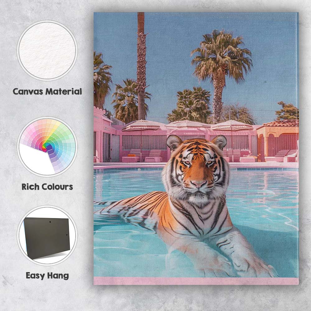 Elegant Tiger Swimming In Pastel Pink Luxury Pool Canvas Wall Art Print Decor Picture Ready to Hang