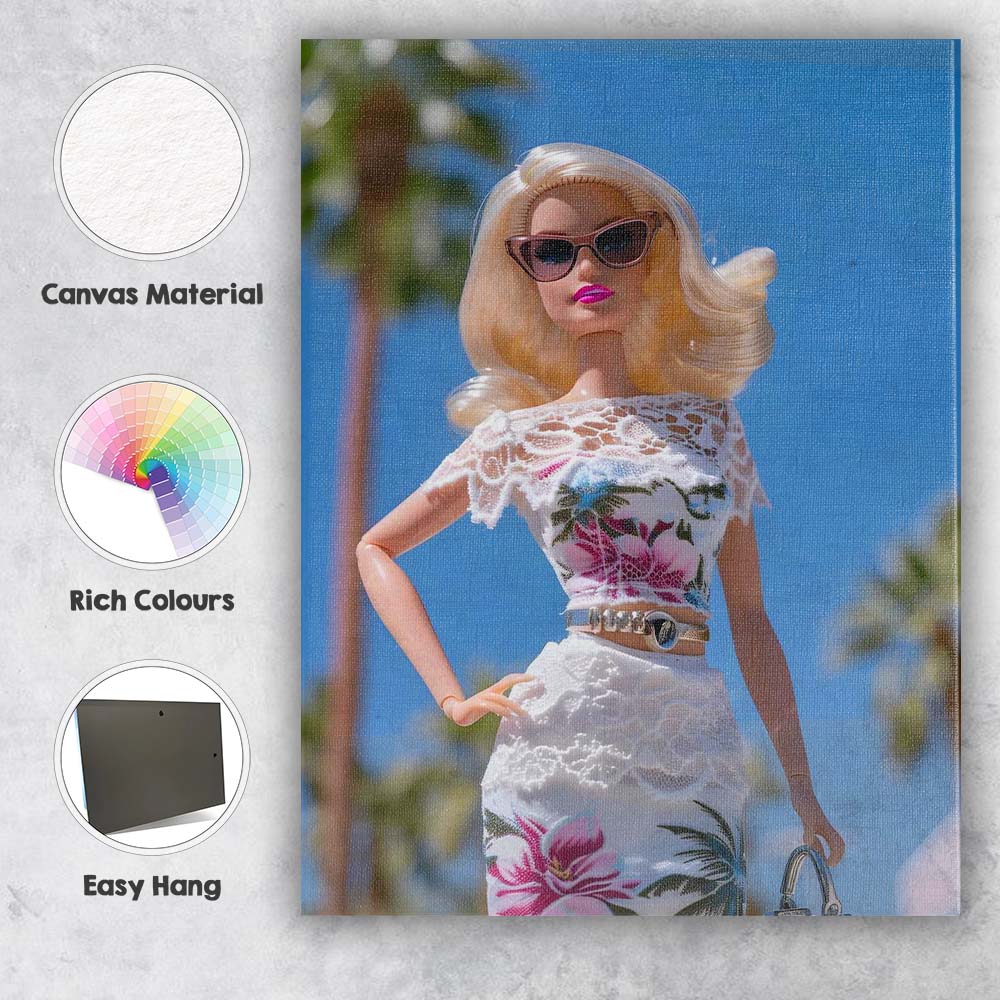Fashion Barbie In White Floral Lace Summer Dress Canvas Wall Art Print Decor Picture Ready to Hang