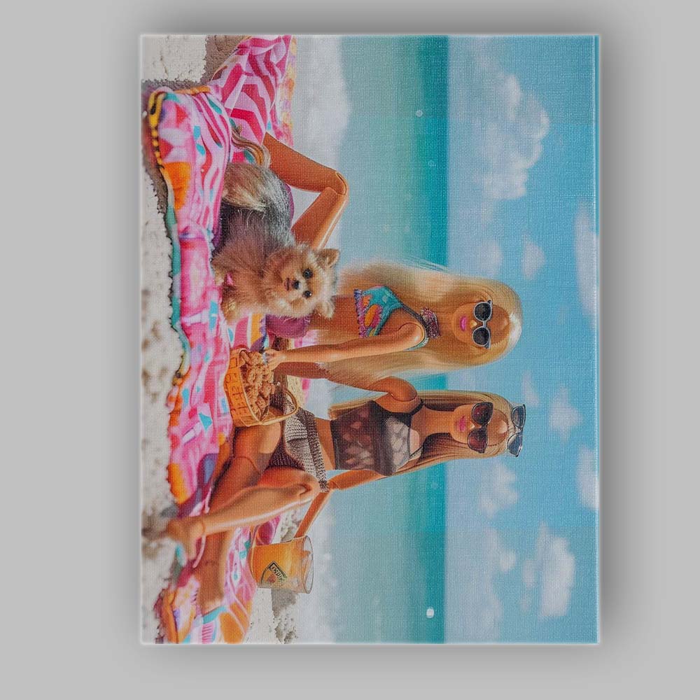 Stylish Barbie Friends Beach Picnic With Pomeranian Puppy Canvas Wall Art Print Decor Picture Ready to Hang