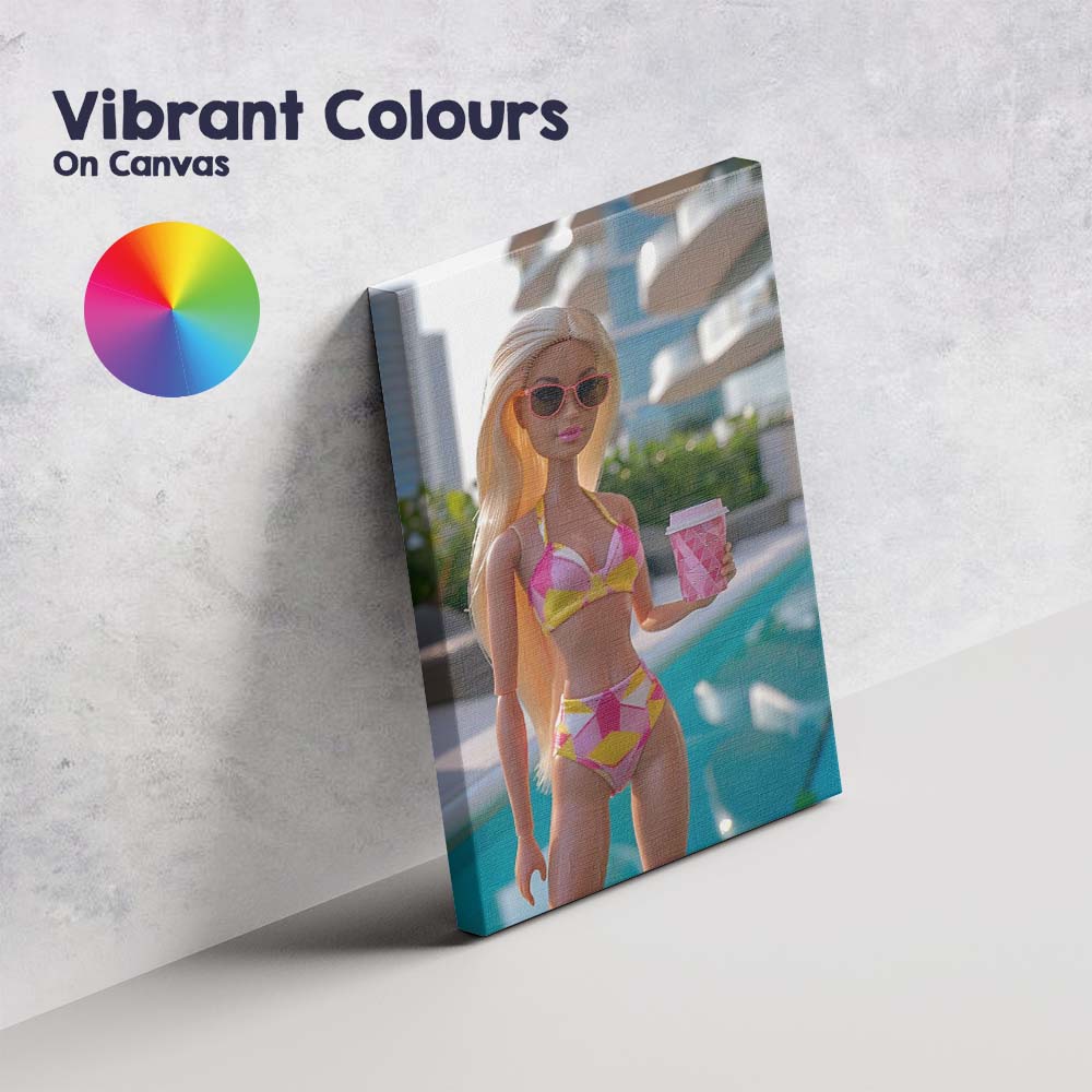 Fashion Barbie Poolside With Pink Coffee Cup Canvas Wall Art Print Decor Picture Ready to Hang