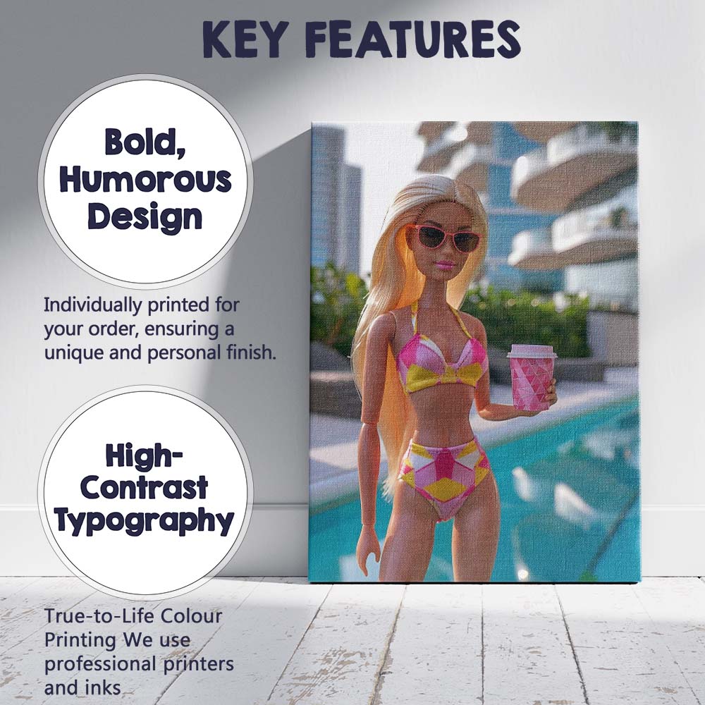 Fashion Barbie Poolside With Pink Coffee Cup Canvas Wall Art Print Decor Picture Ready to Hang