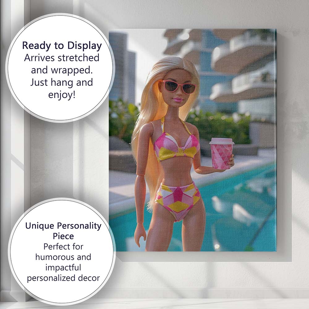 Fashion Barbie Poolside With Pink Coffee Cup Canvas Wall Art Print Decor Picture Ready to Hang