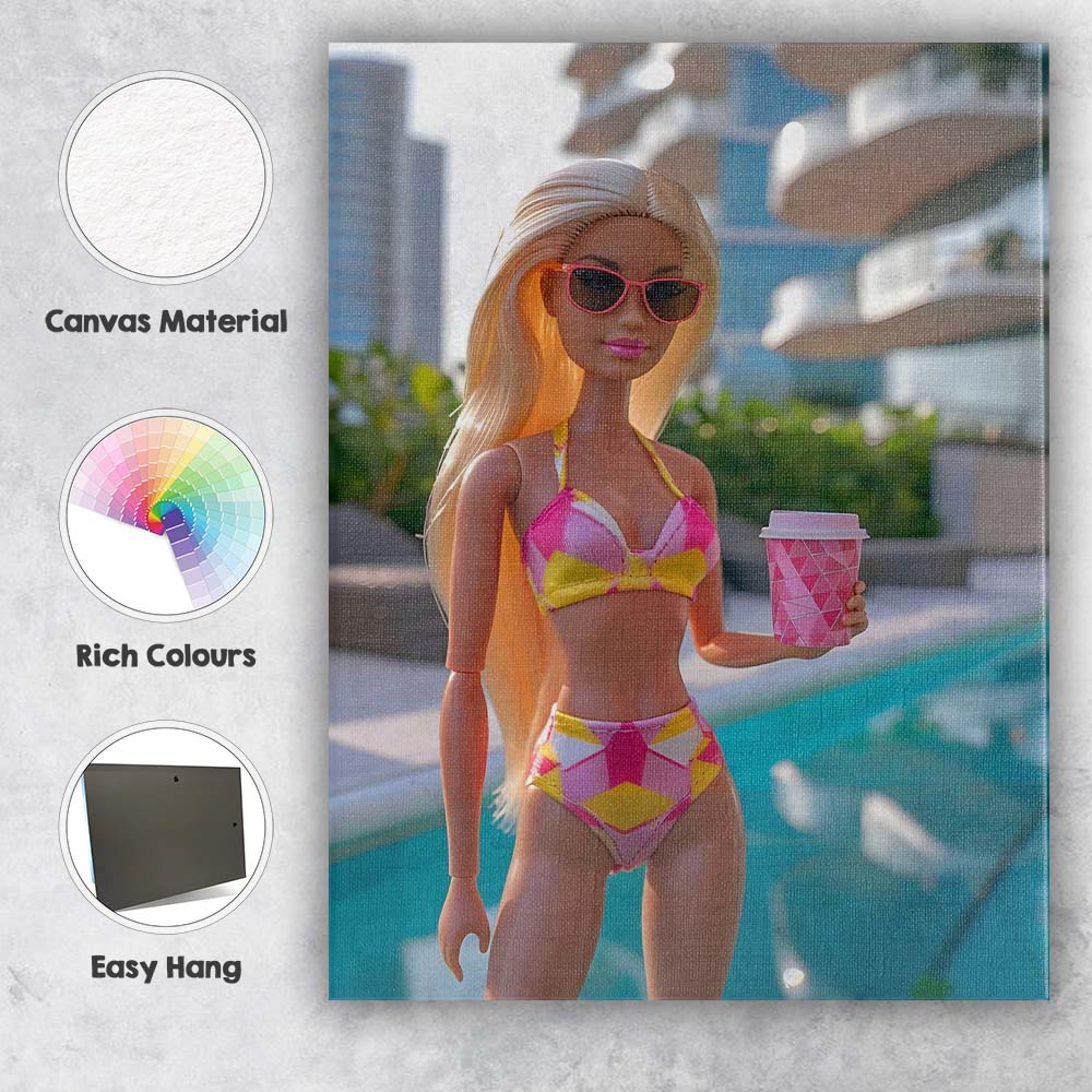 Fashion Barbie Poolside With Pink Coffee Cup Canvas Wall Art Print Decor Picture Ready to Hang