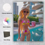Fashion Barbie Poolside With Pink Coffee Cup Canvas Wall Art Print Decor Picture Ready to Hang
