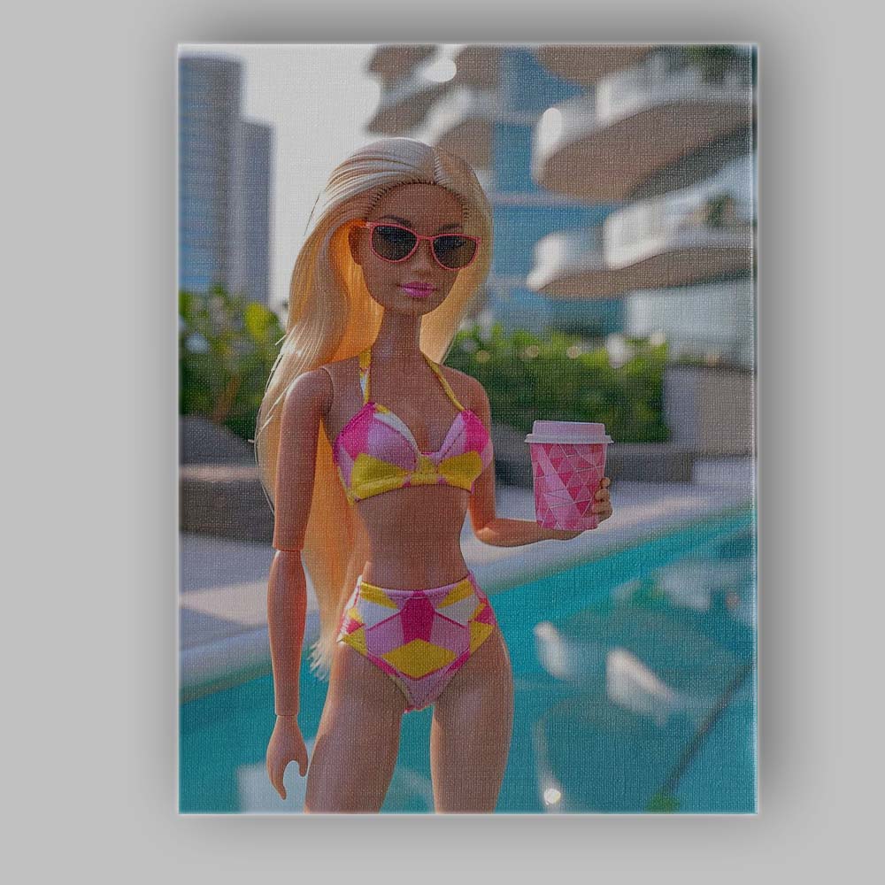 Fashion Barbie Poolside With Pink Coffee Cup Canvas Wall Art Print Decor Picture Ready to Hang