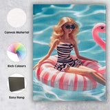 Glamorous Barbie On Pink Flamingo Pool Float Canvas Wall Art Print Decor Picture Ready to Hang