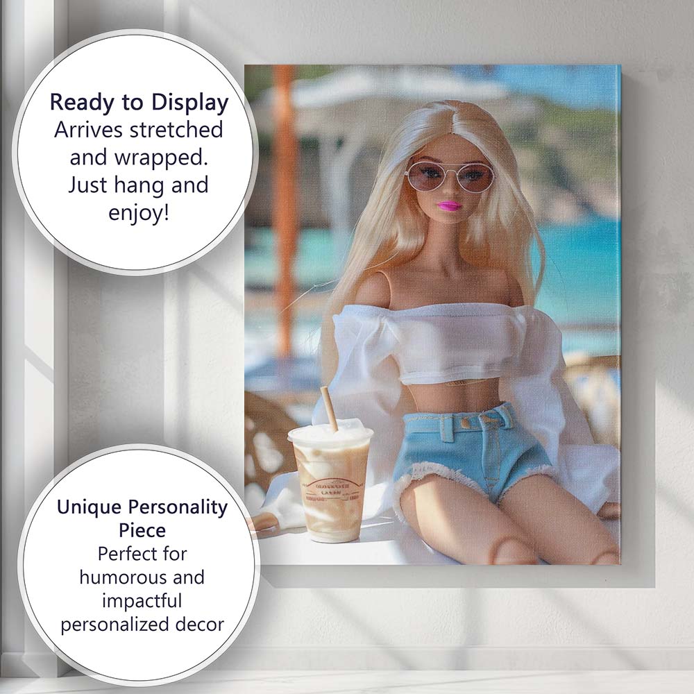 Chic Barbie Beach Cafe Summer Fashion Portrait Canvas Wall Art Print Decor Picture Ready to Hang