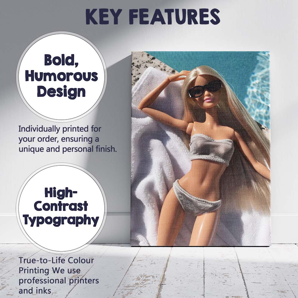 Luxury Barbie Relaxing By Pool In White Bikini Canvas Wall Art Print Decor Picture Ready to Hang