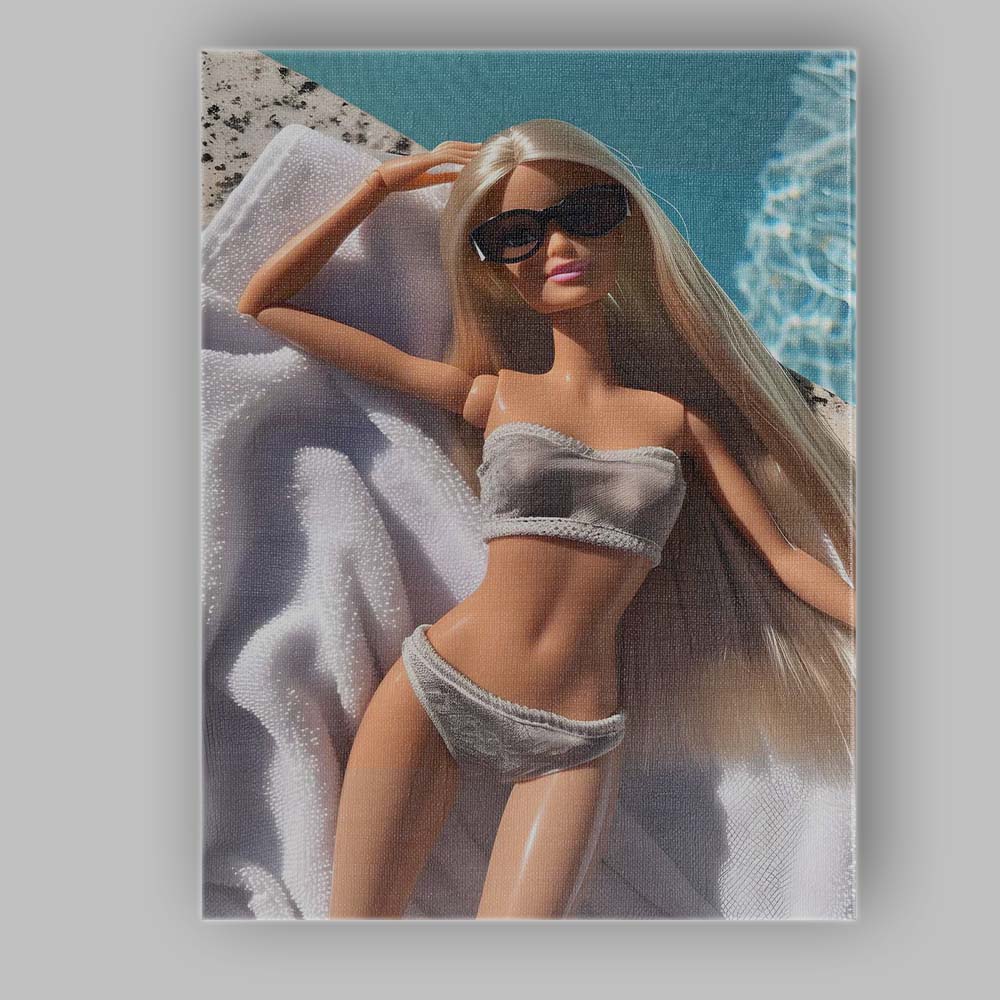 Luxury Barbie Relaxing By Pool In White Bikini Canvas Wall Art Print Decor Picture Ready to Hang
