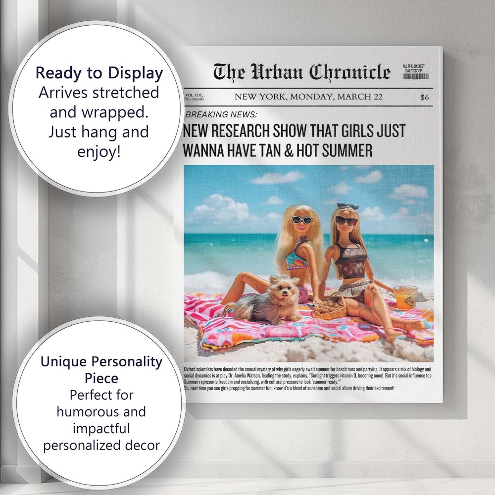 Summer Girls Beach Picnic Newspaper Front Page Canvas Wall Art Print Decor Picture Ready to Hang