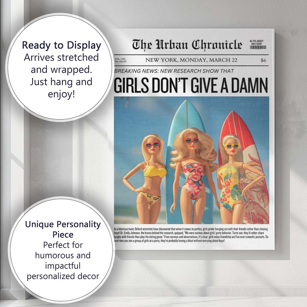 Girls Dont Give A Damn Humorous Newspaper Cover Canvas Wall Art Print Decor Picture Ready to Hang