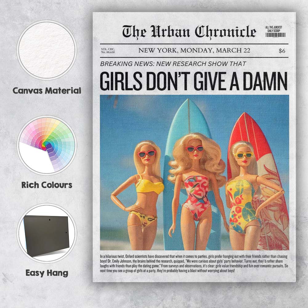 Girls Dont Give A Damn Humorous Newspaper Cover Canvas Wall Art Print Decor Picture Ready to Hang