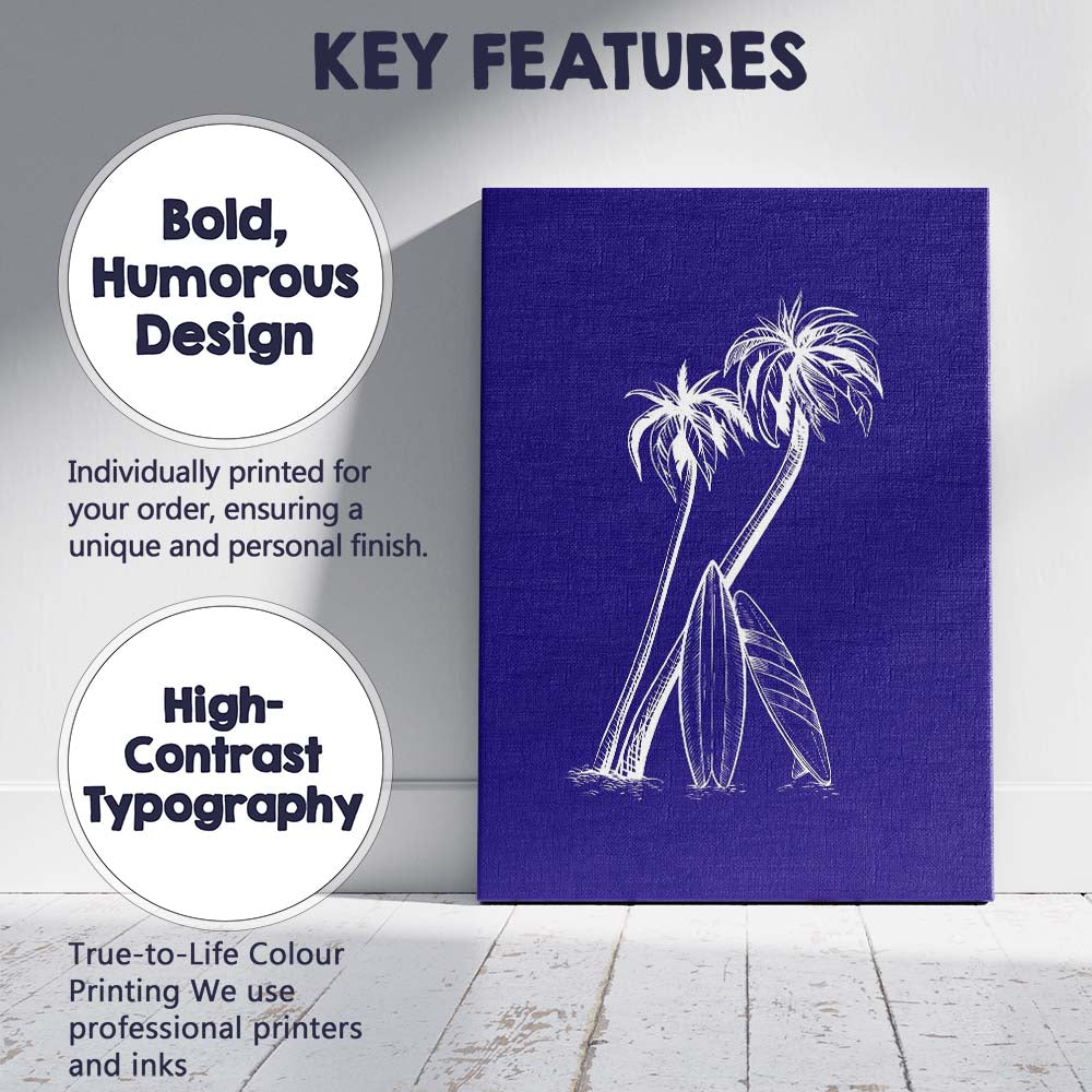 White Tropical Palm Trees With Surfboards Coastal Illustration Canvas Wall Art Print Decor Picture Ready to Hang