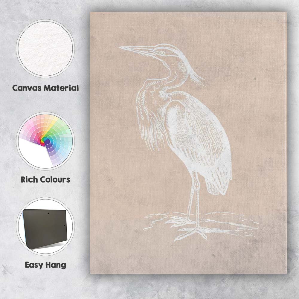 Minimalist White Coastal Heron Bird Illustration Canvas Wall Art Print Decor Picture Ready to Hang