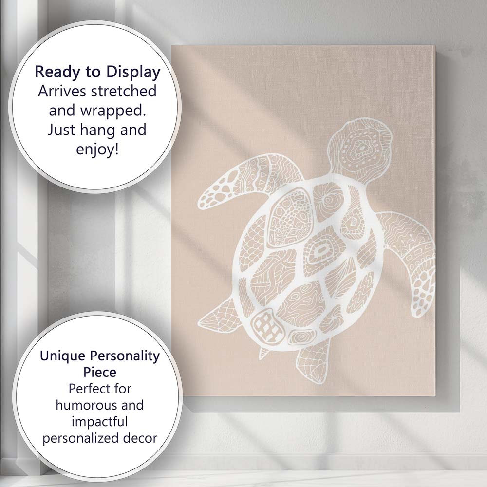 Beige Coastal Sea Turtle Tribal Pattern Illustration Canvas Wall Art Print Decor Picture Ready to Hang