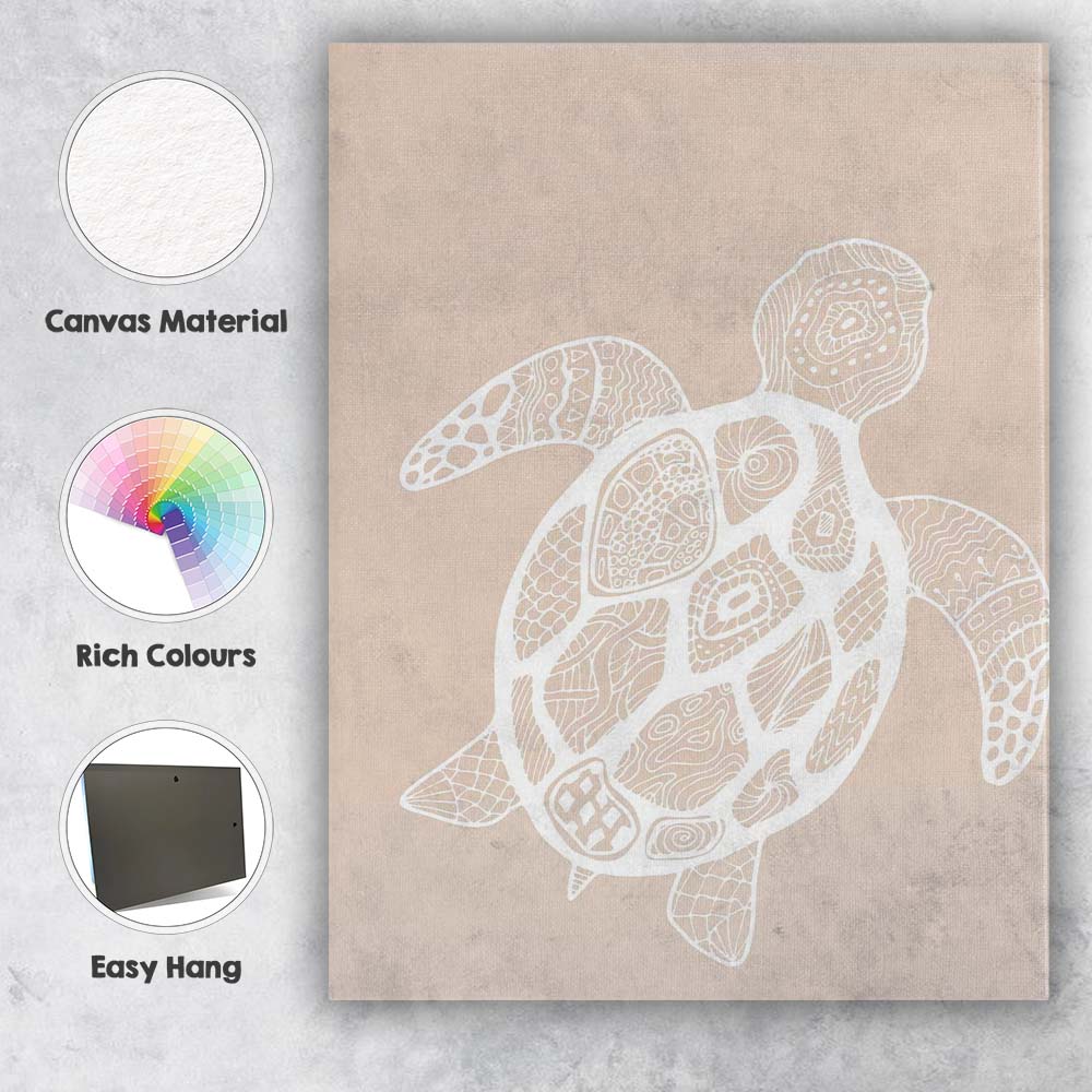 Beige Coastal Sea Turtle Tribal Pattern Illustration Canvas Wall Art Print Decor Picture Ready to Hang