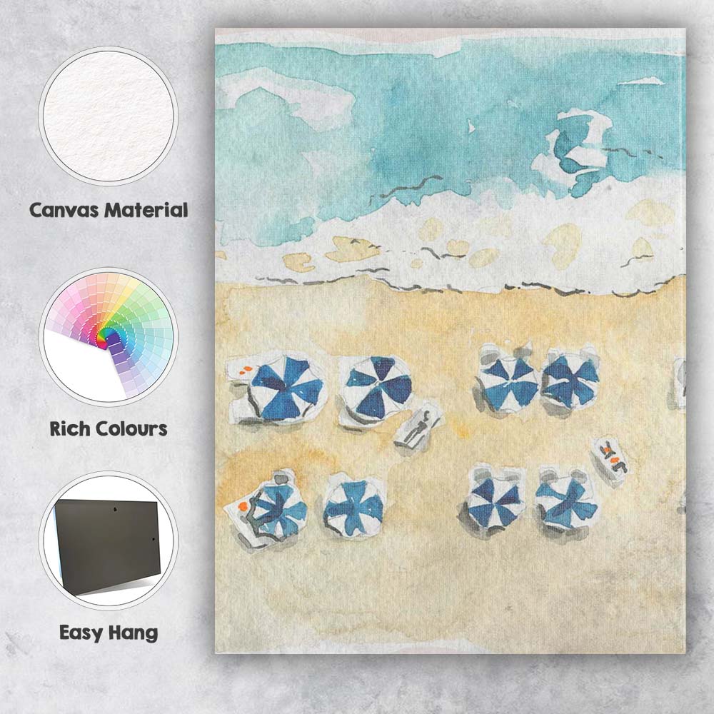 Watercolour Beach Umbrellas Aerial Coastal Holiday Scene Canvas Wall Art Print Decor Picture Ready to Hang