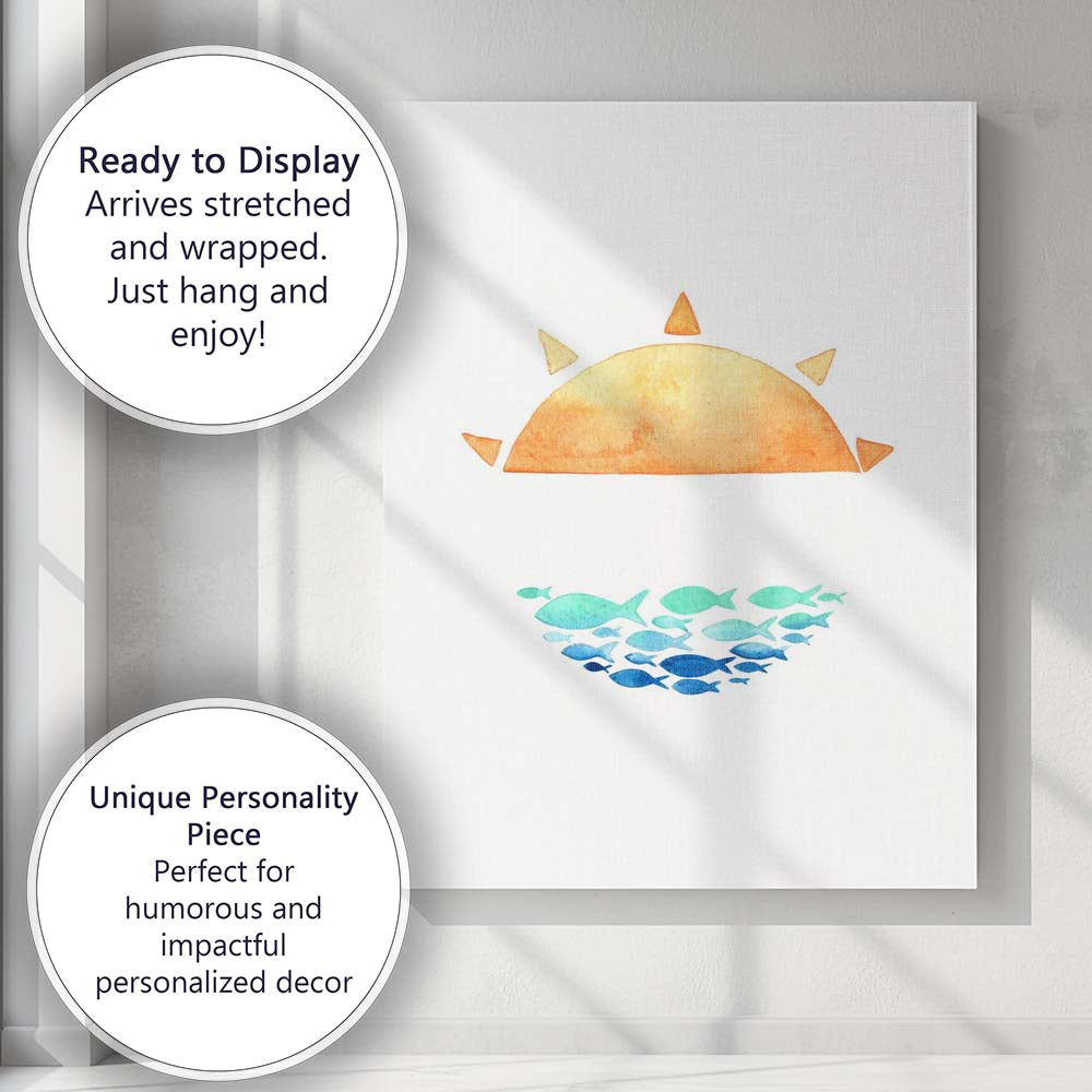 Minimalist Watercolour Sunset And School Of Fish Coastal Illustration Canvas Wall Art Print Decor Picture Ready to Hang