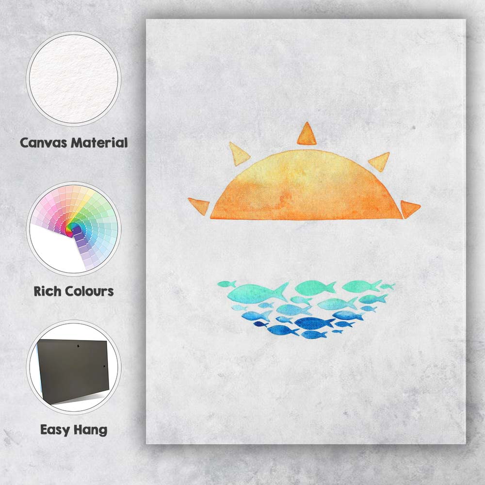 Minimalist Watercolour Sunset And School Of Fish Coastal Illustration Canvas Wall Art Print Decor Picture Ready to Hang