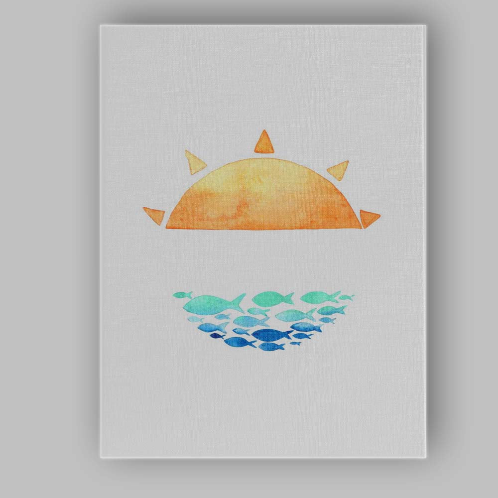 Minimalist Watercolour Sunset And School Of Fish Coastal Illustration Canvas Wall Art Print Decor Picture Ready to Hang