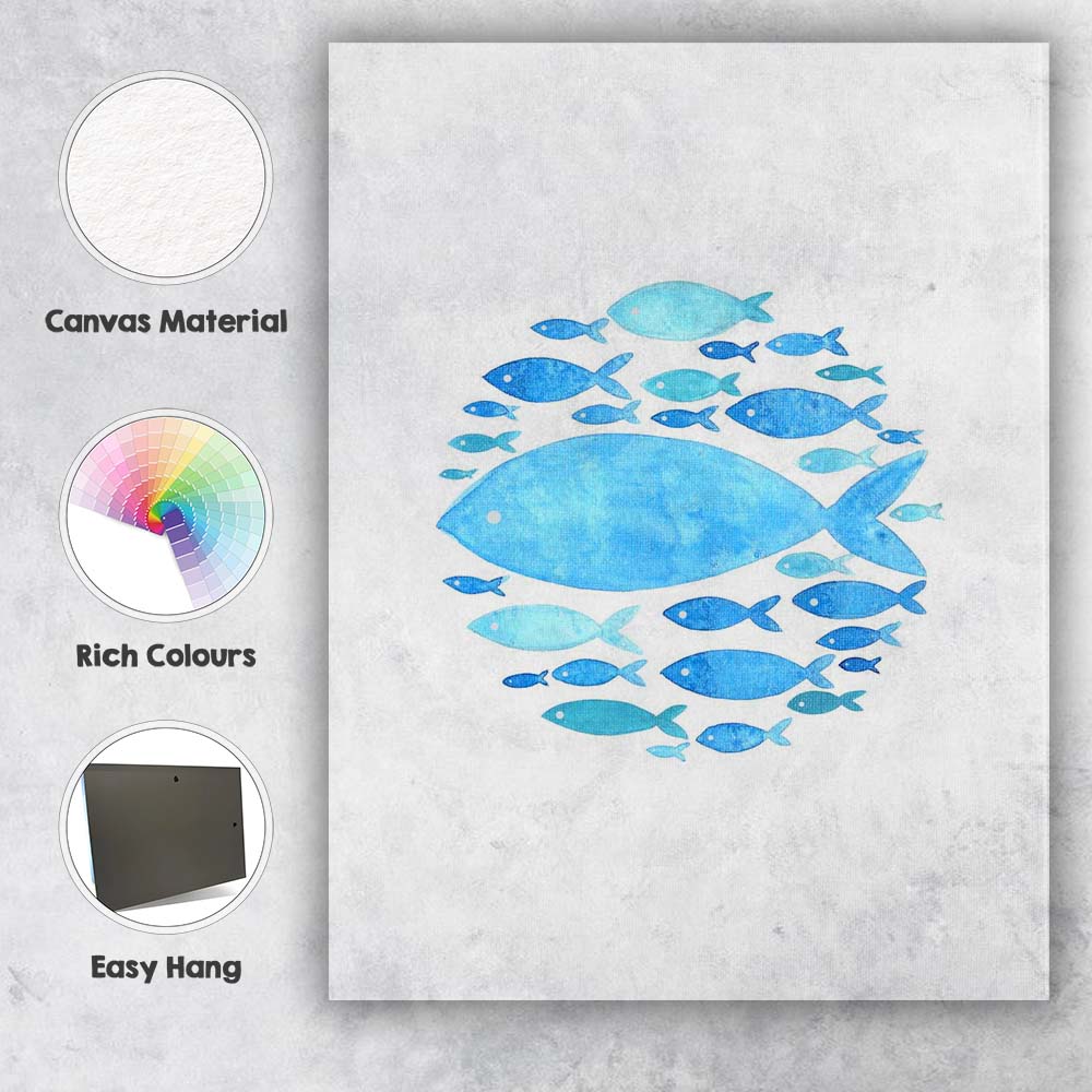 Blue Watercolour Tropical Fish School Coastal Illustration Canvas Wall Art Print Decor Picture Ready to Hang