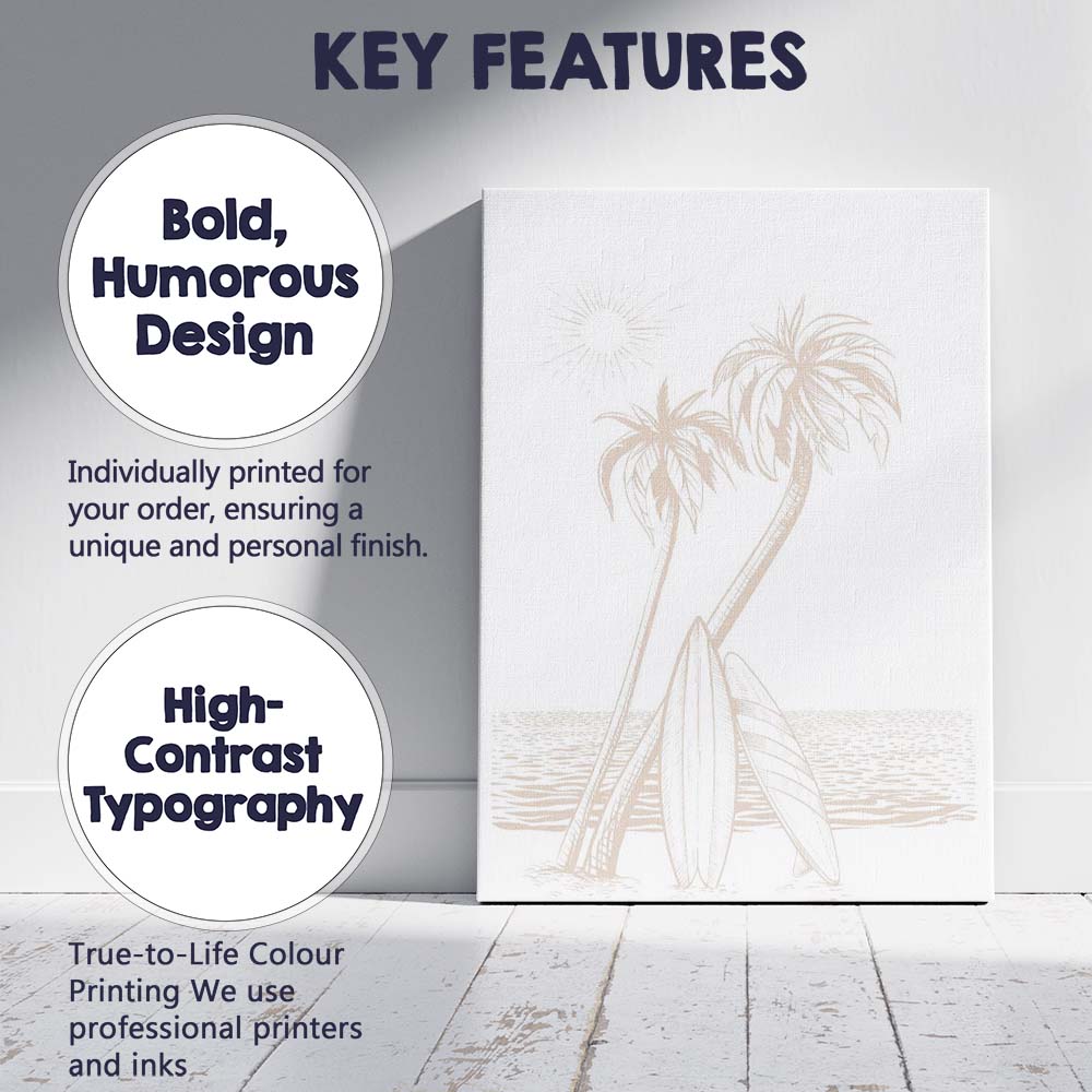 Minimalist Coastal Surfboards And Palm Trees Line Art Canvas Wall Art Print Decor Picture Ready to Hang
