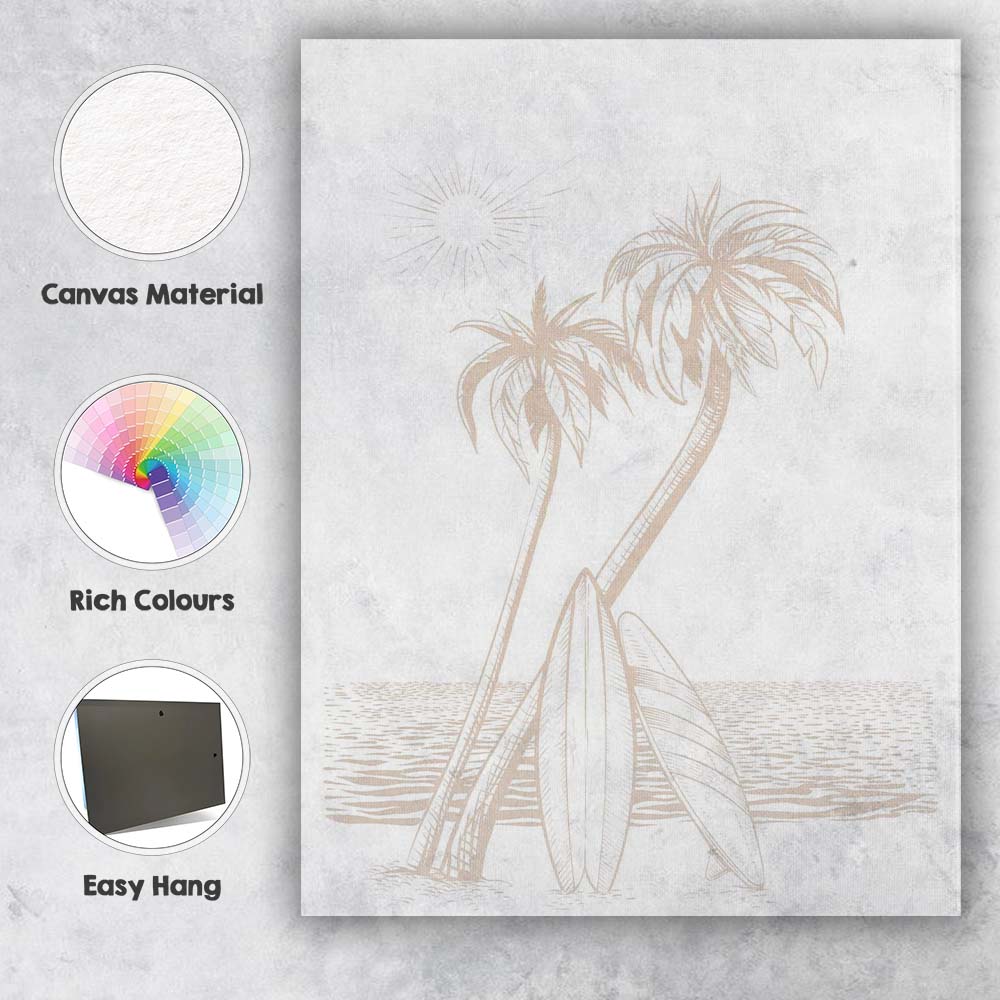 Minimalist Coastal Surfboards And Palm Trees Line Art Canvas Wall Art Print Decor Picture Ready to Hang