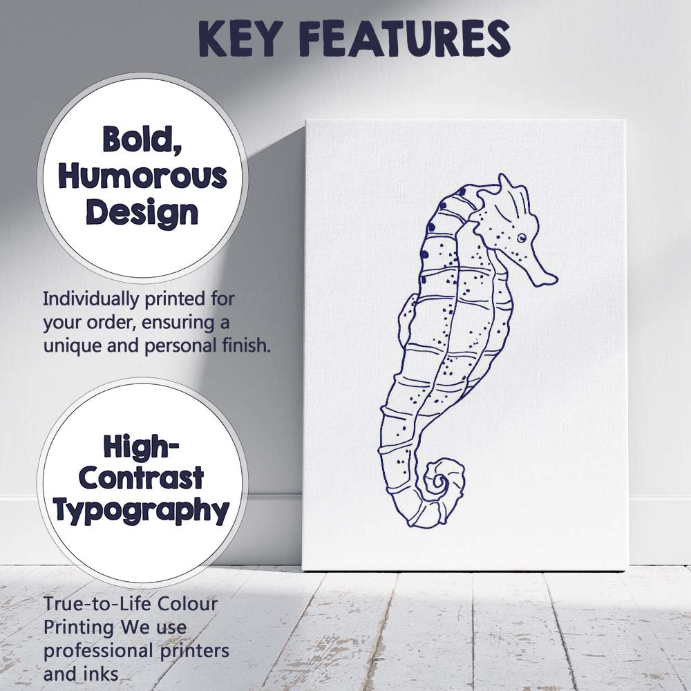 Minimalist Navy Blue Seahorse Coastal Line Art Canvas Wall Art Print Decor Picture Ready to Hang