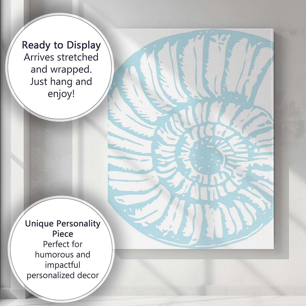 Light Blue Nautilus Fossil Coastal Silhouette Canvas Wall Art Print Decor Picture Ready to Hang