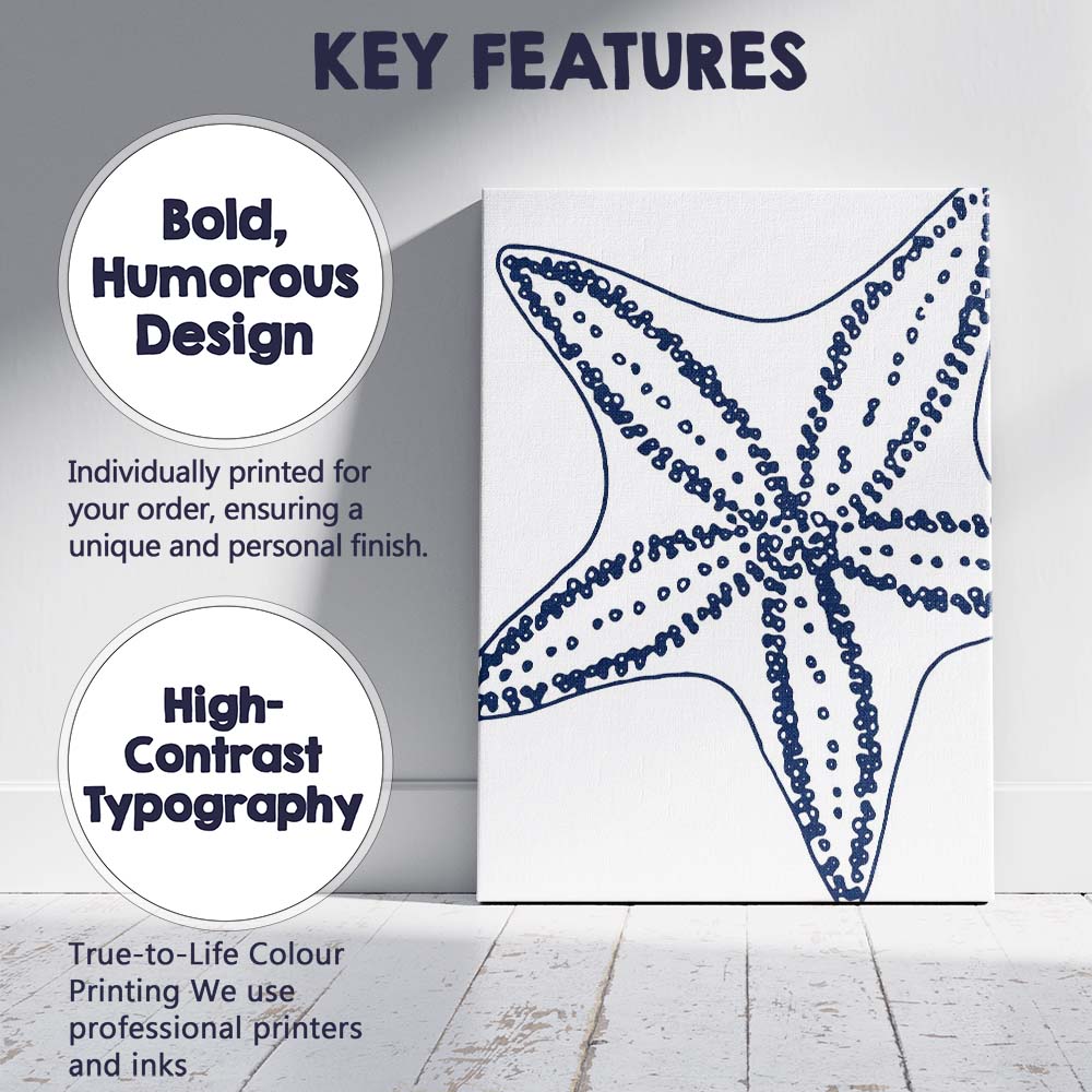 Navy Blue Starfish Coastal Line Art Illustration Canvas Wall Art Print Decor Picture Ready to Hang