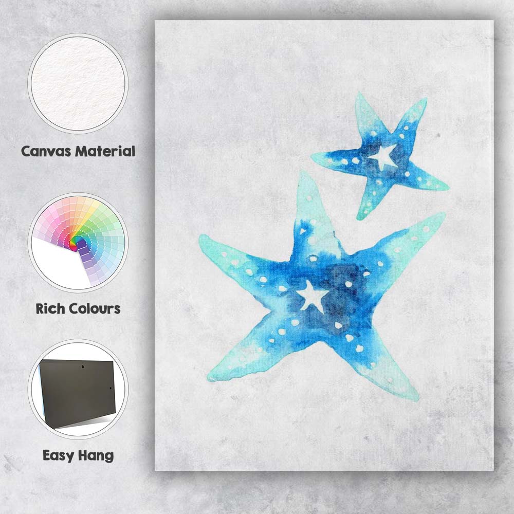 Blue Watercolour Starfish Coastal Beach Illustration Canvas Wall Art Print Decor Picture Ready to Hang