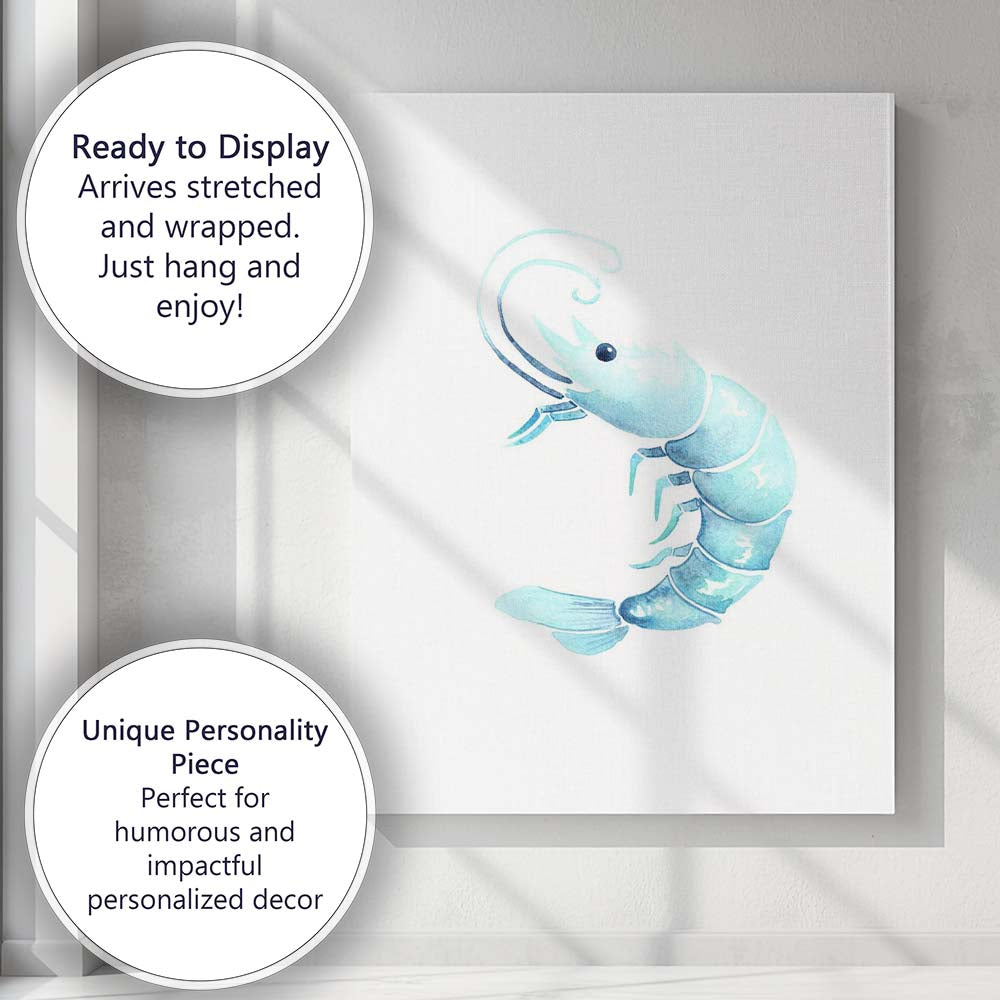 Light Blue Watercolour Prawn Coastal Seafood Illustration Canvas Wall Art Print Decor Picture Ready to Hang
