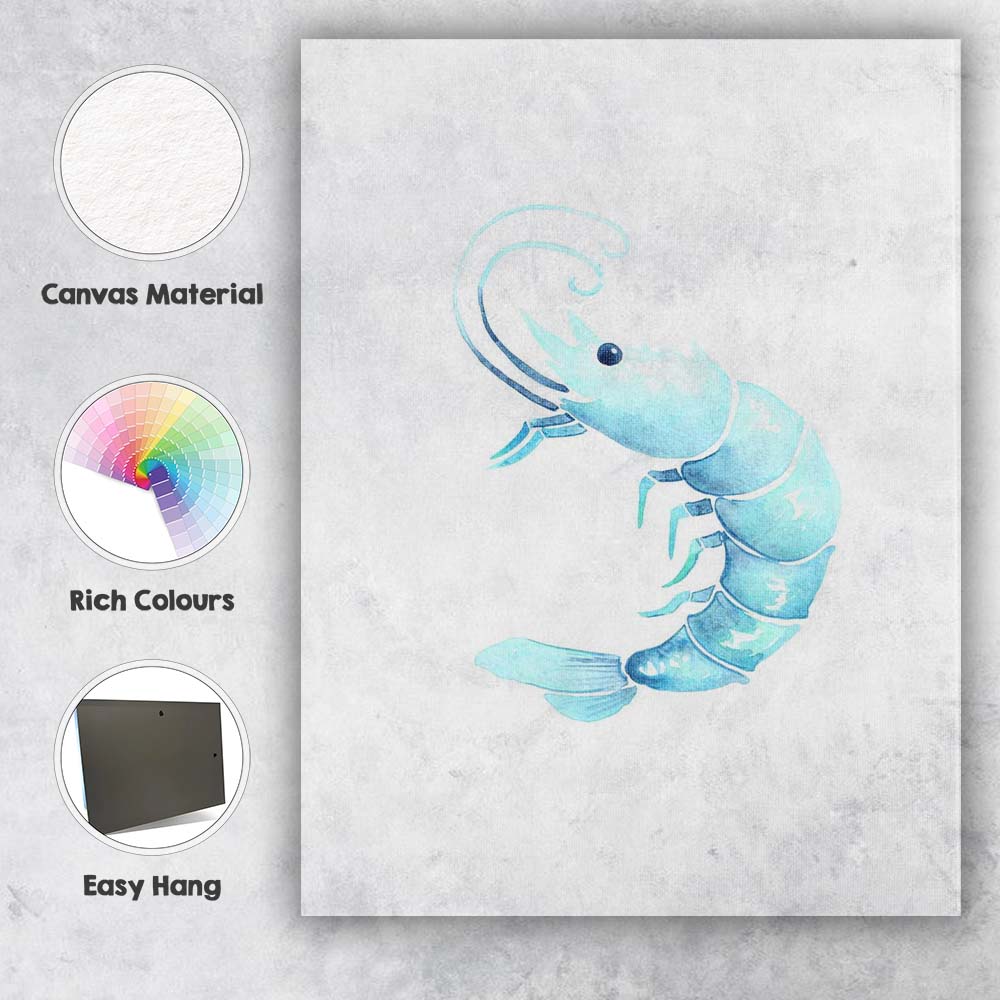 Light Blue Watercolour Prawn Coastal Seafood Illustration Canvas Wall Art Print Decor Picture Ready to Hang