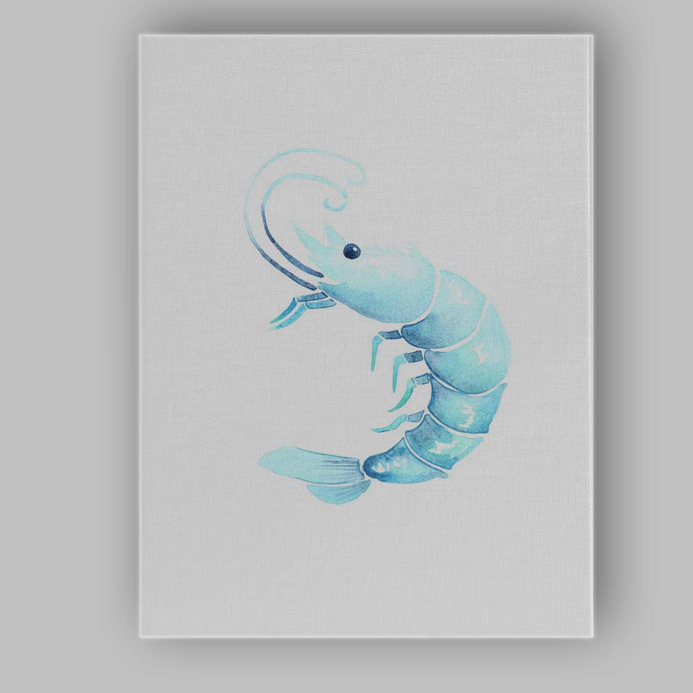 Light Blue Watercolour Prawn Coastal Seafood Illustration Canvas Wall Art Print Decor Picture Ready to Hang