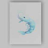 Light Blue Watercolour Prawn Coastal Seafood Illustration Canvas Wall Art Print Decor Picture Ready to Hang