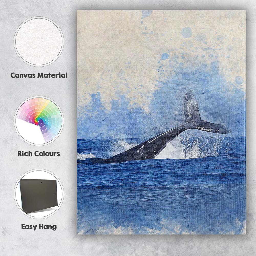 Blue Whale Tail Ocean Watercolour Wildlife Canvas Wall Art Print Decor Picture Ready to Hang