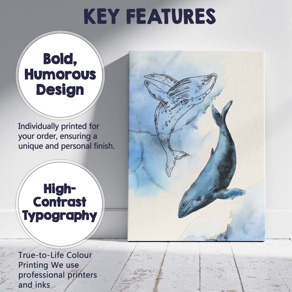 Blue Watercolour Humpback Whale Duo Coastal Illustration Canvas Wall Art Print Decor Picture Ready to Hang