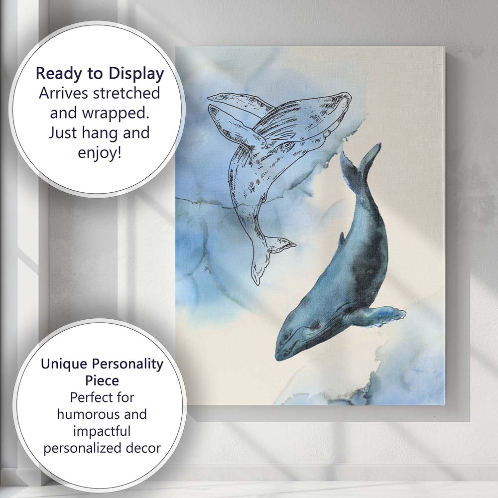 Blue Watercolour Humpback Whale Duo Coastal Illustration Canvas Wall Art Print Decor Picture Ready to Hang