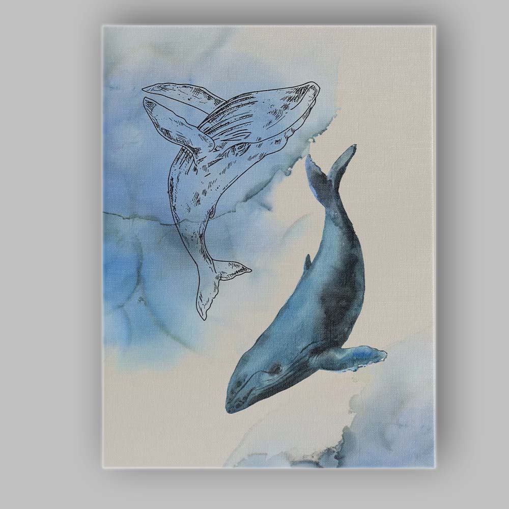 Blue Watercolour Humpback Whale Duo Coastal Illustration Canvas Wall Art Print Decor Picture Ready to Hang