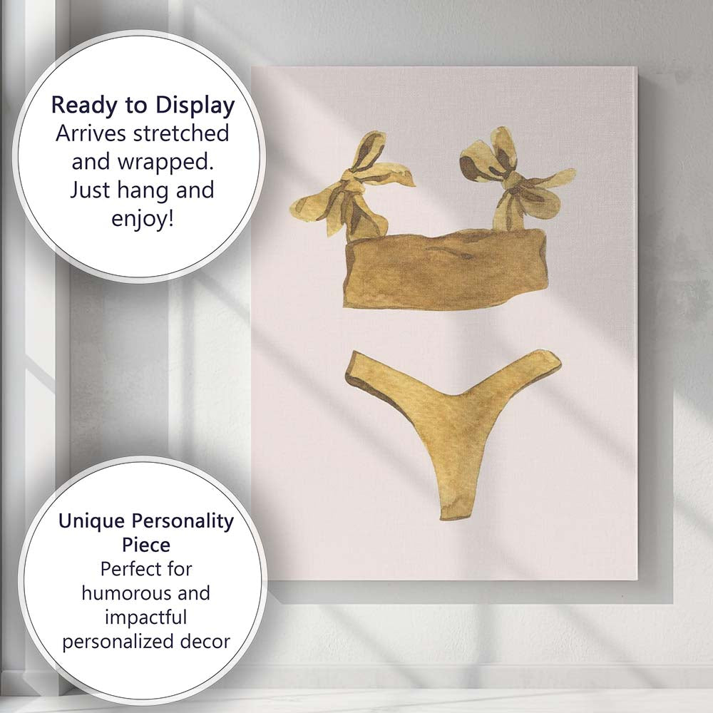Golden Bikini Swimwear Watercolour Fashion Illustration Canvas Wall Art Print Decor Picture Ready to Hang