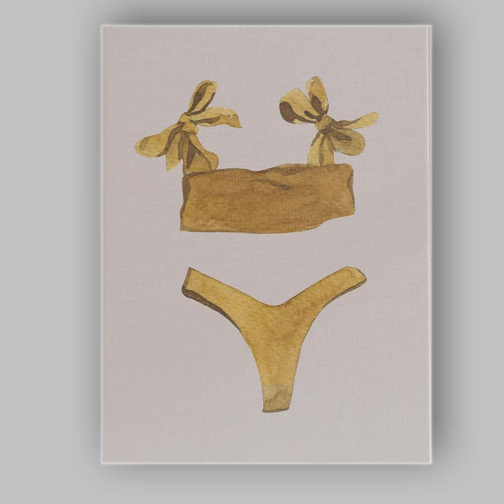 Golden Bikini Swimwear Watercolour Fashion Illustration Canvas Wall Art Print Decor Picture Ready to Hang