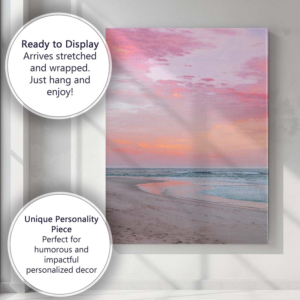 Dreamy Pink Coastal Sunset Ocean Shore Photography Canvas Wall Art Print Decor Picture Ready to Hang