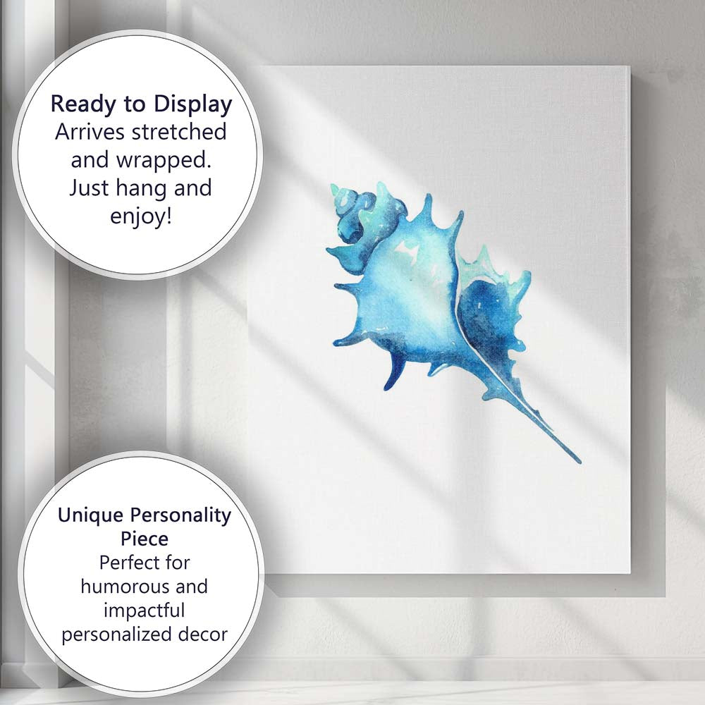 Blue Watercolour Coastal Seashell Illustration Minimalist Beach Canvas Wall Art Print Decor Picture Ready to Hang