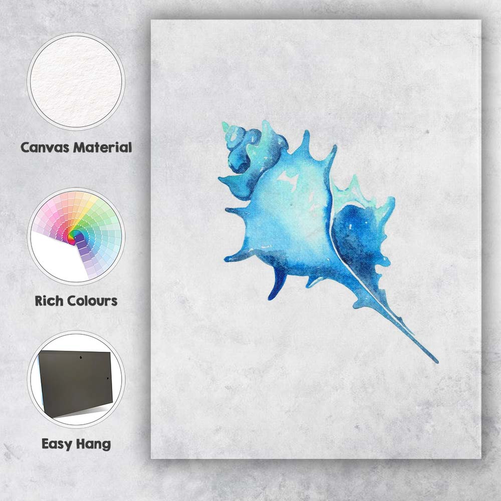 Blue Watercolour Coastal Seashell Illustration Minimalist Beach Canvas Wall Art Print Decor Picture Ready to Hang